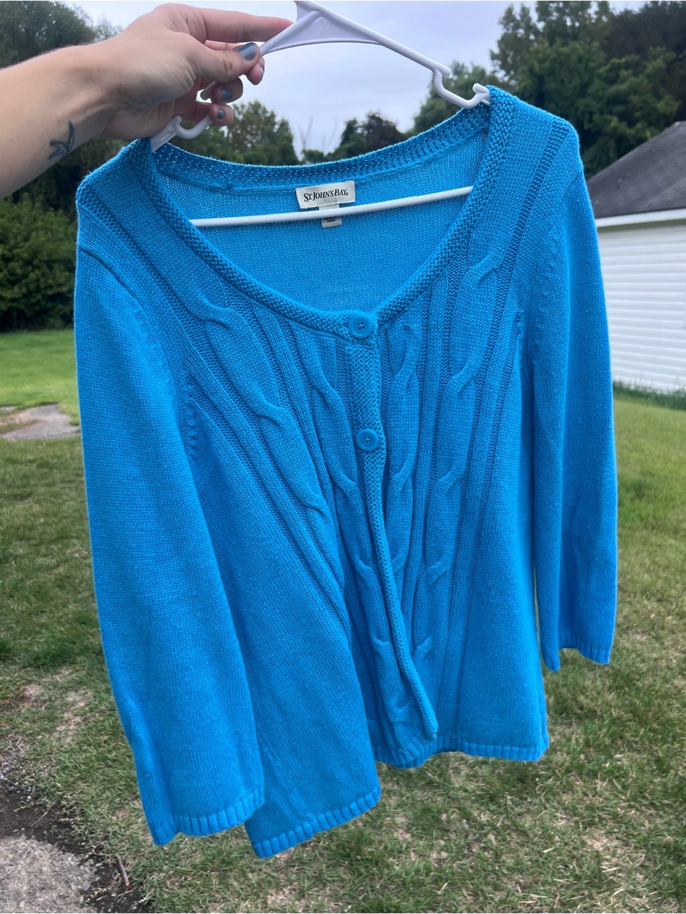 St. John's Bay Bright Blue Cable Knit Scoop Neck Cardigan Sweater - Size L